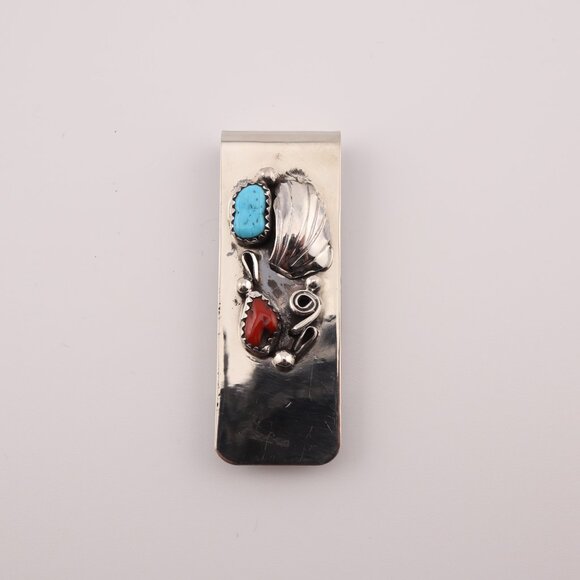 Native American Money Clip Sterling Silver Turquoise and Coral Stones Handmade** - Picture 5 of 7
